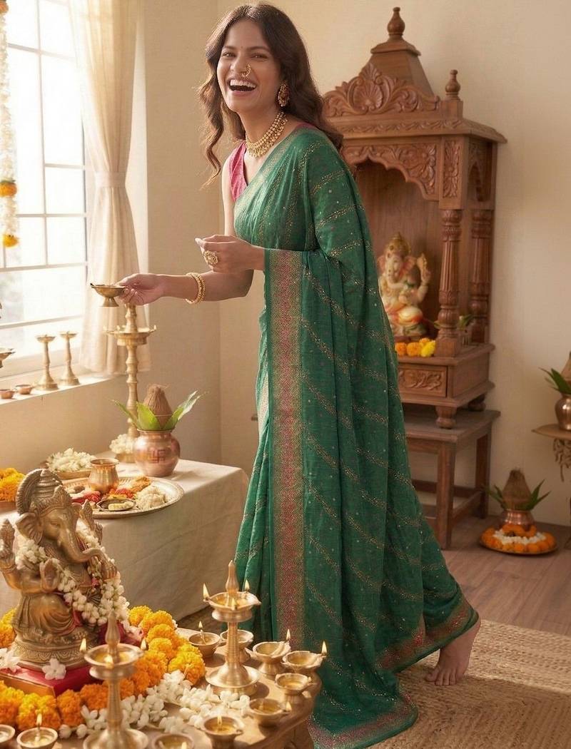Green leheriya zari designer saree
