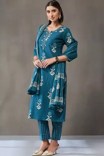 formal women floral printed regular cotton kurta with trousers & with dupatta