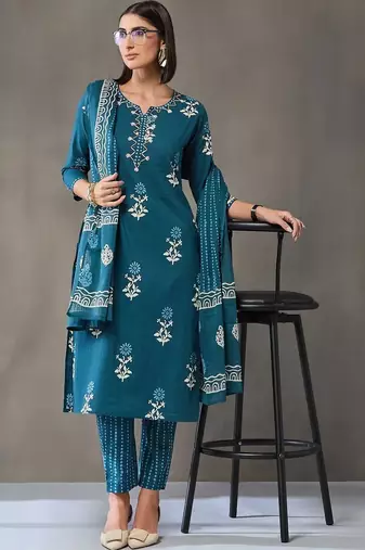 formal women floral printed regular cotton kurta with trousers & with dupatta