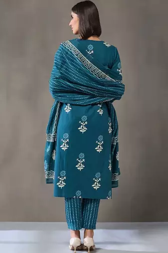 formal women floral printed regular cotton kurta with trousers & with dupatta