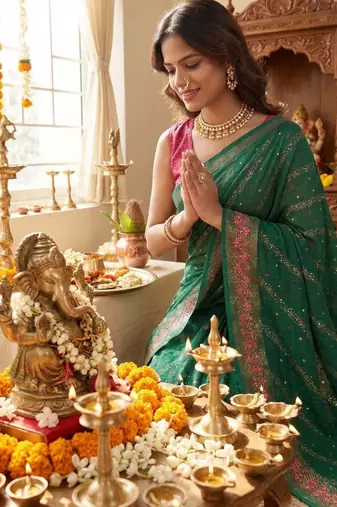 Green leheriya zari designer saree