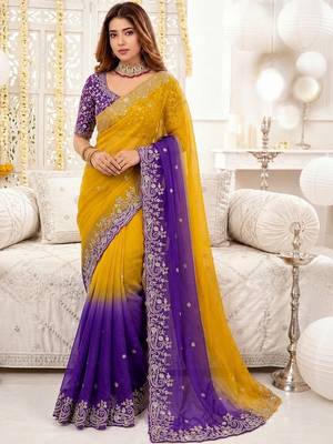 Multicolor ombre embroidered satin heavy work saree 1