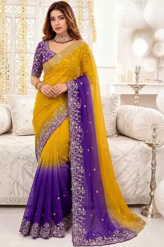 Multicolor ombre embroidered satin heavy work saree