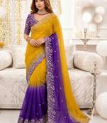 Multicolor ombre embroidered satin heavy work saree
