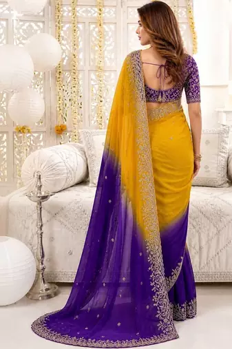 Multicolor ombre embroidered satin heavy work saree