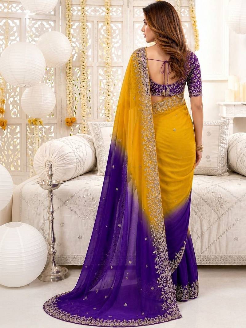 Multicolor ombre embroidered satin heavy work saree