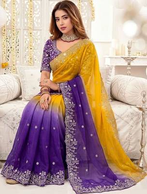 Multicolor ombre embroidered satin heavy work saree 3