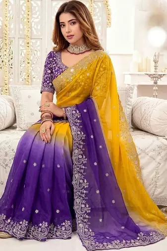 Multicolor ombre embroidered satin heavy work saree