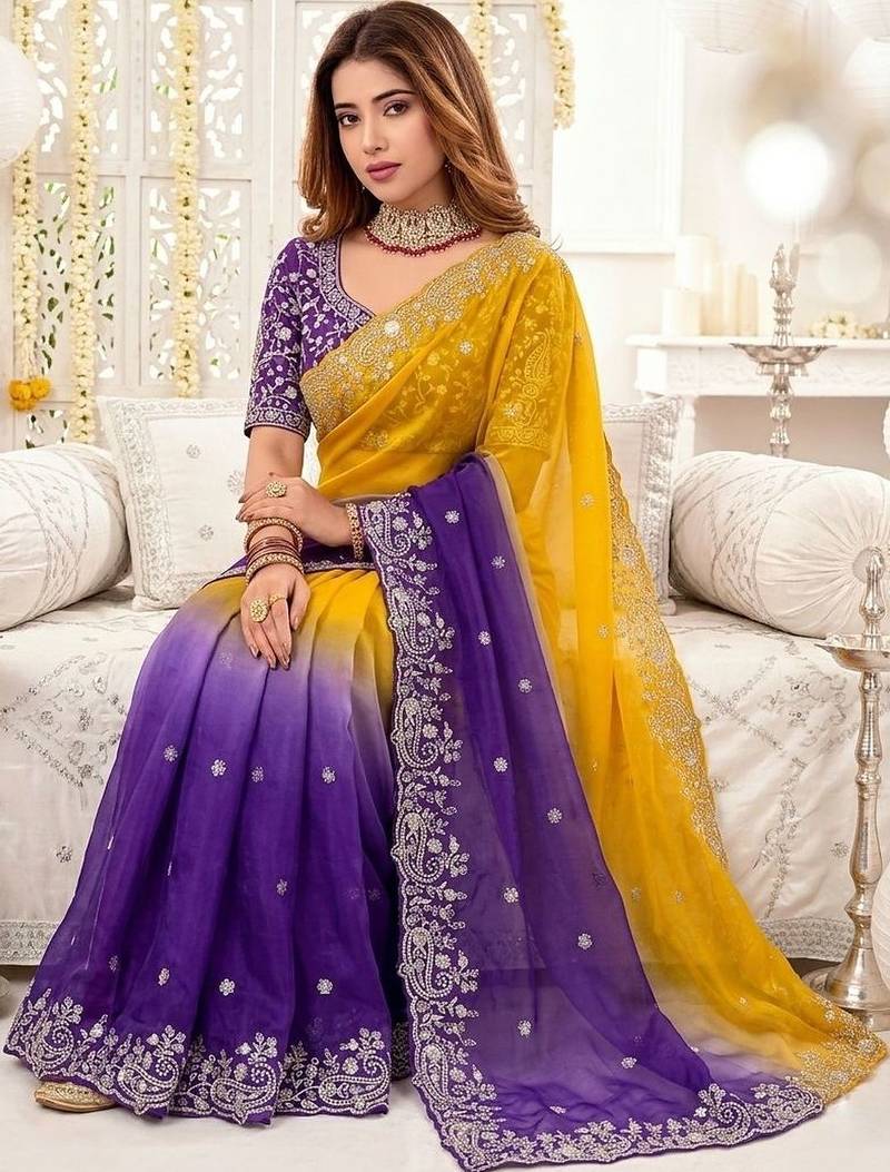 Multicolor ombre embroidered satin heavy work saree