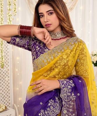 Multicolor ombre embroidered satin heavy work saree 4