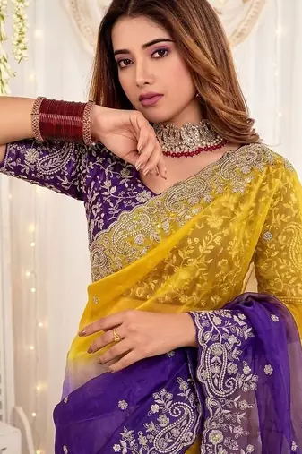 Multicolor ombre embroidered satin heavy work saree