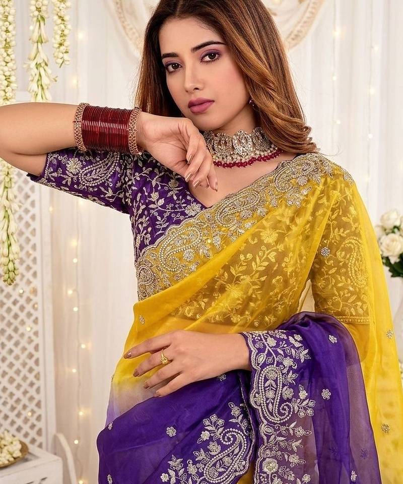 Multicolor ombre embroidered satin heavy work saree