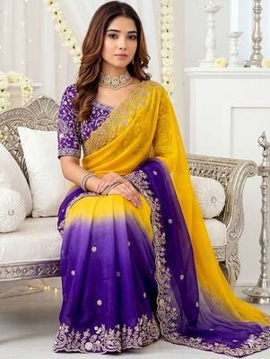 Multicolor ombre embroidered satin heavy work saree 5