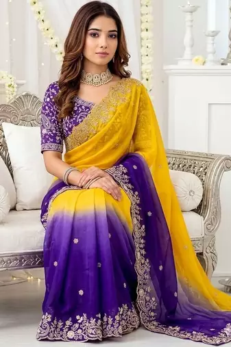 Multicolor ombre embroidered satin heavy work saree