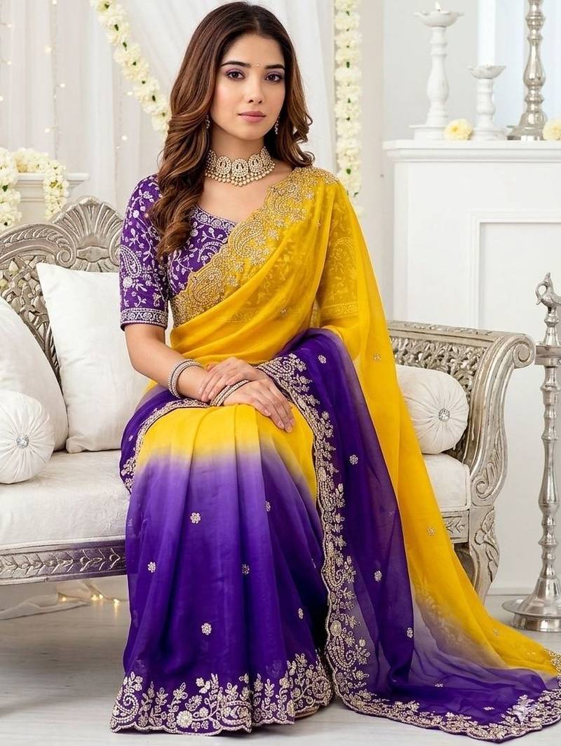 Multicolor ombre embroidered satin heavy work saree