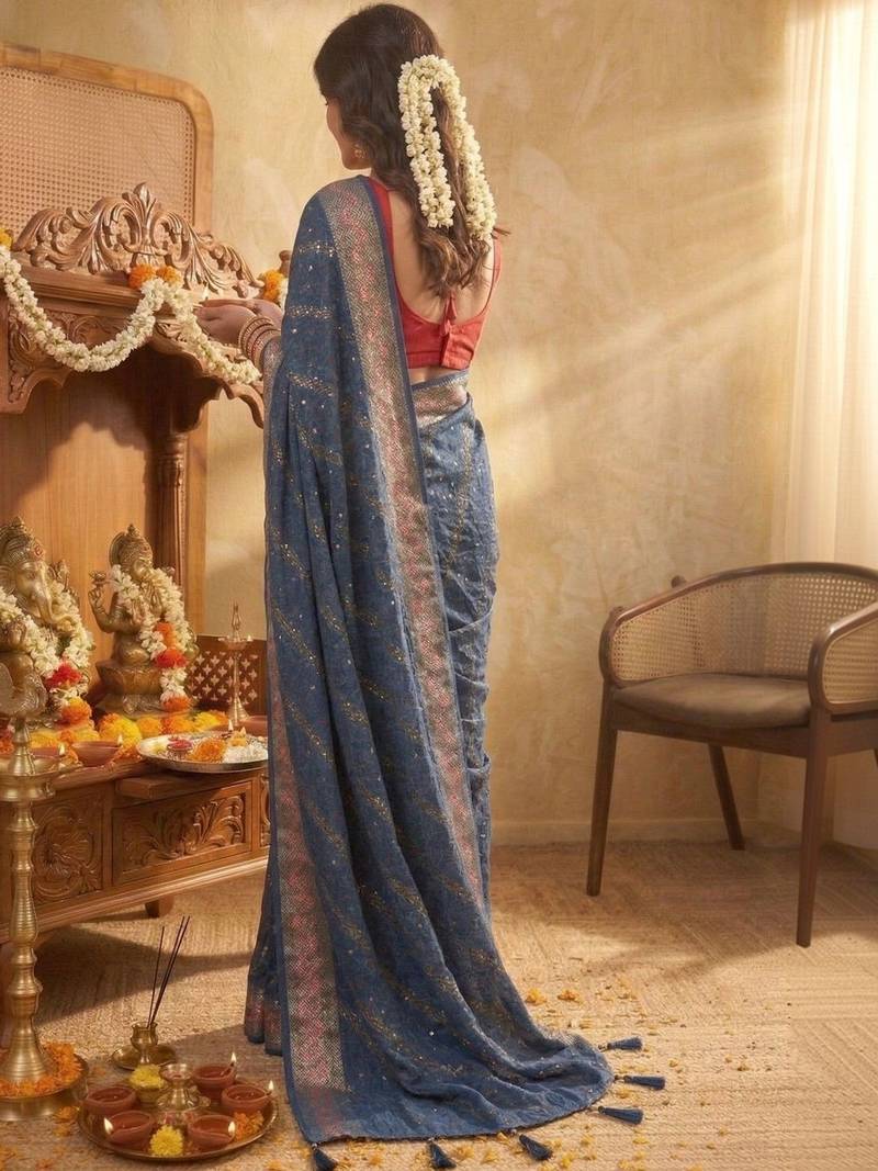 Blue leheriya zari designer saree
