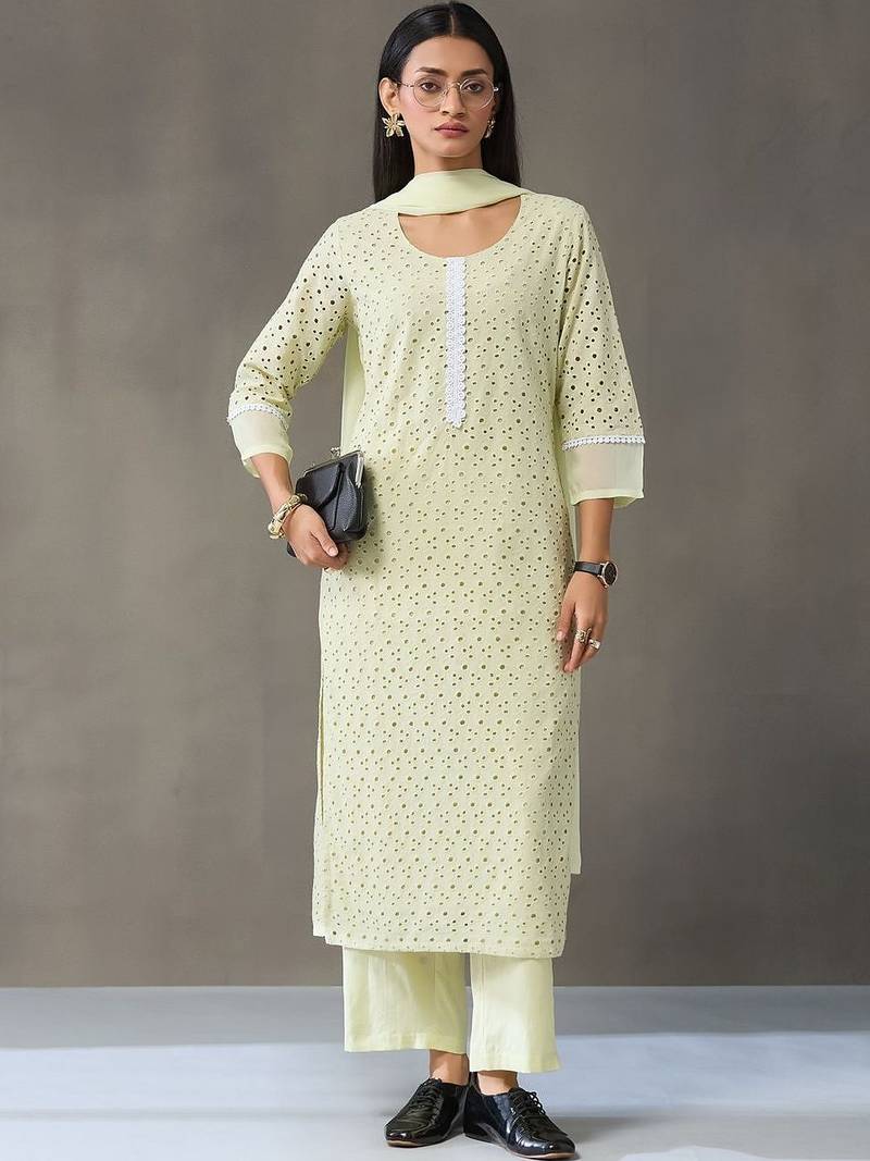 structured women ethnic motifs regular cotton kurta with trousers & with dupatta