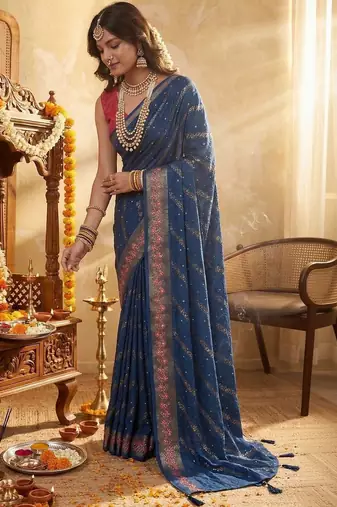 Blue leheriya zari designer saree