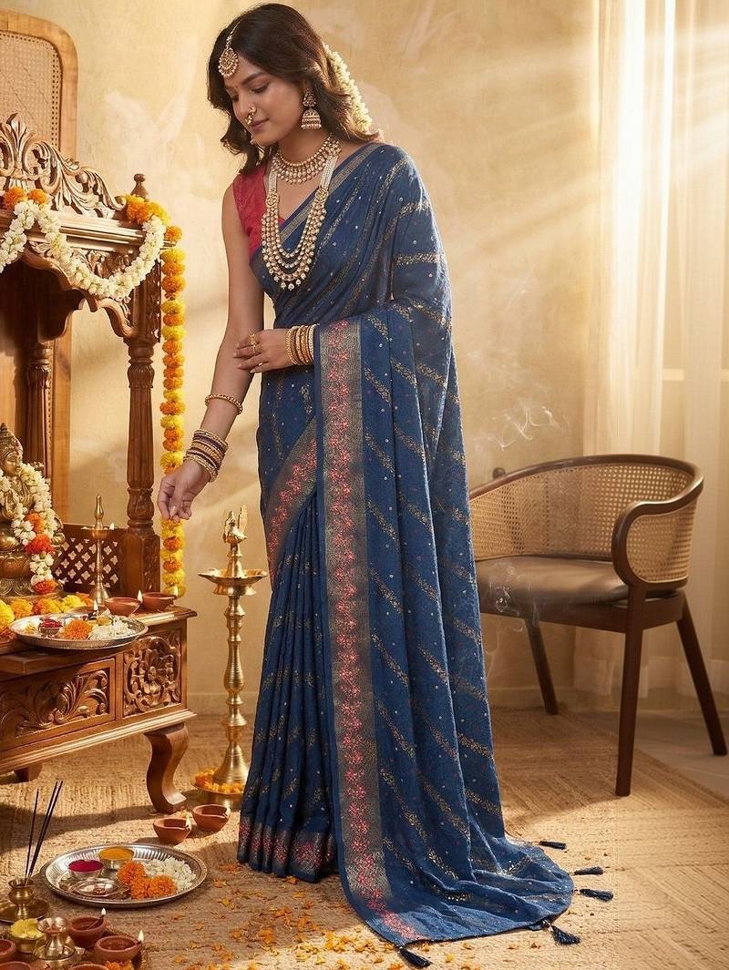 Blue leheriya zari designer saree