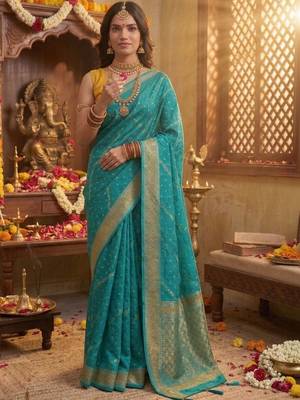 Turquoise leheriya zari designer saree 1