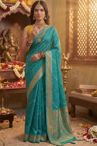 Turquoise leheriya zari designer saree