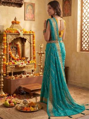 Turquoise leheriya zari designer saree 2