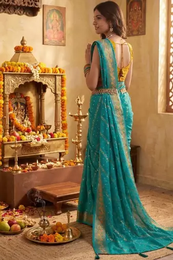 Turquoise leheriya zari designer saree