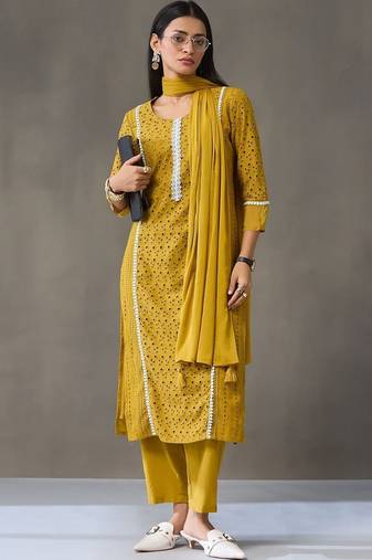 tailored women ethnic motifs embroidered regular thread work cotton kurta with trousers & with dupatta