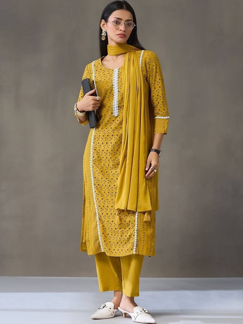 tailored women ethnic motifs embroidered regular thread work cotton kurta with trousers & with dupatta