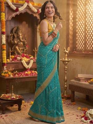 Turquoise leheriya zari designer saree 3