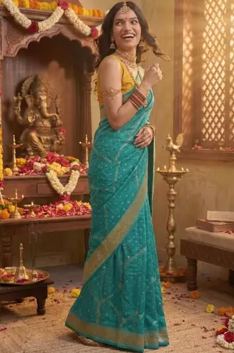 Turquoise leheriya zari designer saree