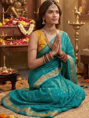 Turquoise leheriya zari designer saree 5