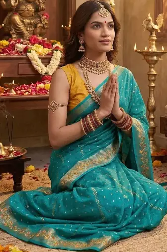 Turquoise leheriya zari designer saree