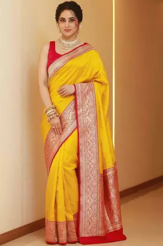 Yellow woven design zari silk blend heavy work banarasi saree