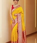 Yellow woven design zari silk blend heavy work banarasi saree