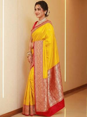 Yellow woven design zari silk blend heavy work banarasi saree 2