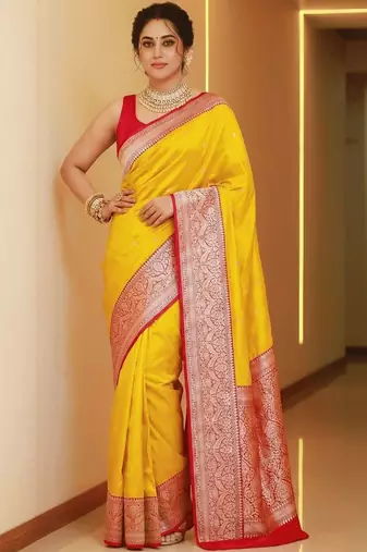 Yellow woven design zari silk blend heavy work banarasi saree