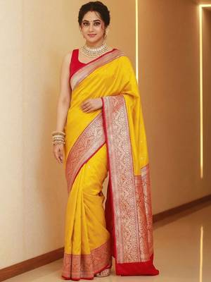 Yellow woven design zari silk blend heavy work banarasi saree 5