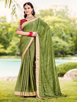 Green ethnic motifs printed zari saree with unstitched blouse piece 1