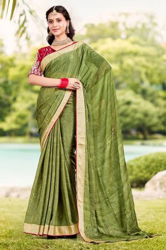 Green ethnic motifs printed zari saree with unstitched blouse piece