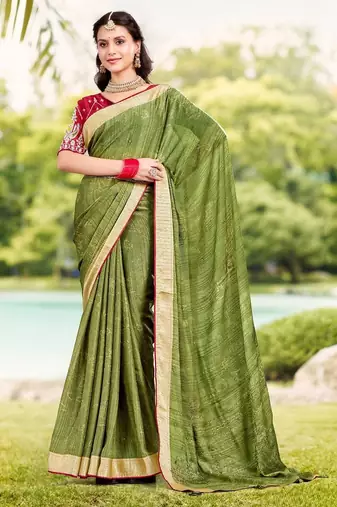 Green ethnic motifs printed zari saree with unstitched blouse piece