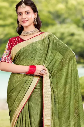 Green ethnic motifs printed zari saree with unstitched blouse piece