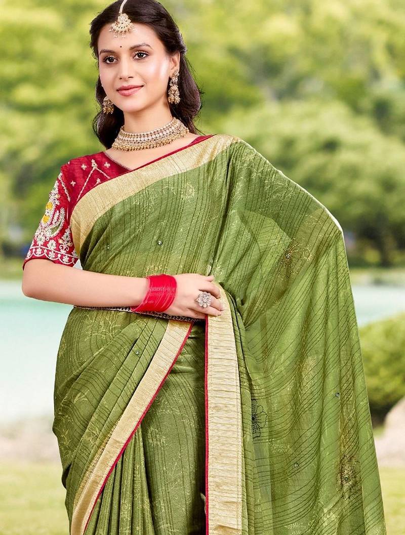 Green ethnic motifs printed zari saree with unstitched blouse piece