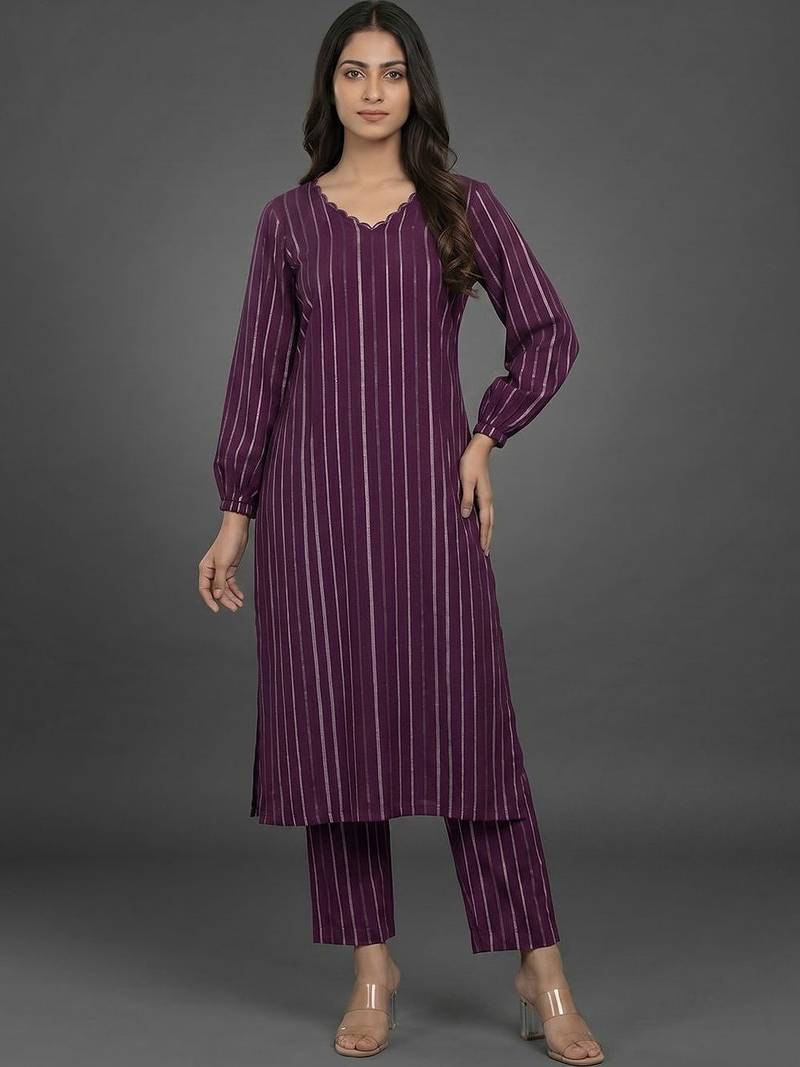 formal women striped regular silk crepe kurta with trousers