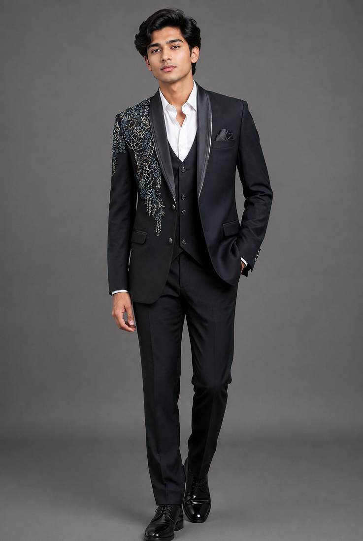 Black embroidered shawl lapel tuxedo set