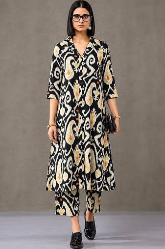 everyday workwear women ethnic motifs printed regular cotton kurta with trousers