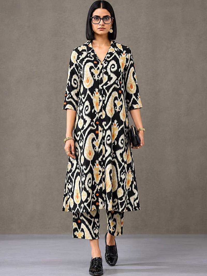 everyday workwear women ethnic motifs printed regular cotton kurta with trousers