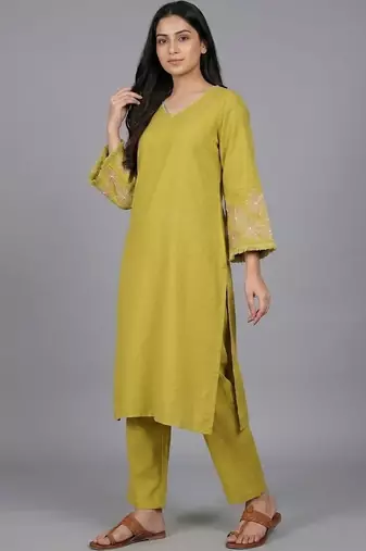 workwear women ethnic motifs embroidered regular thread work kurta with trousers