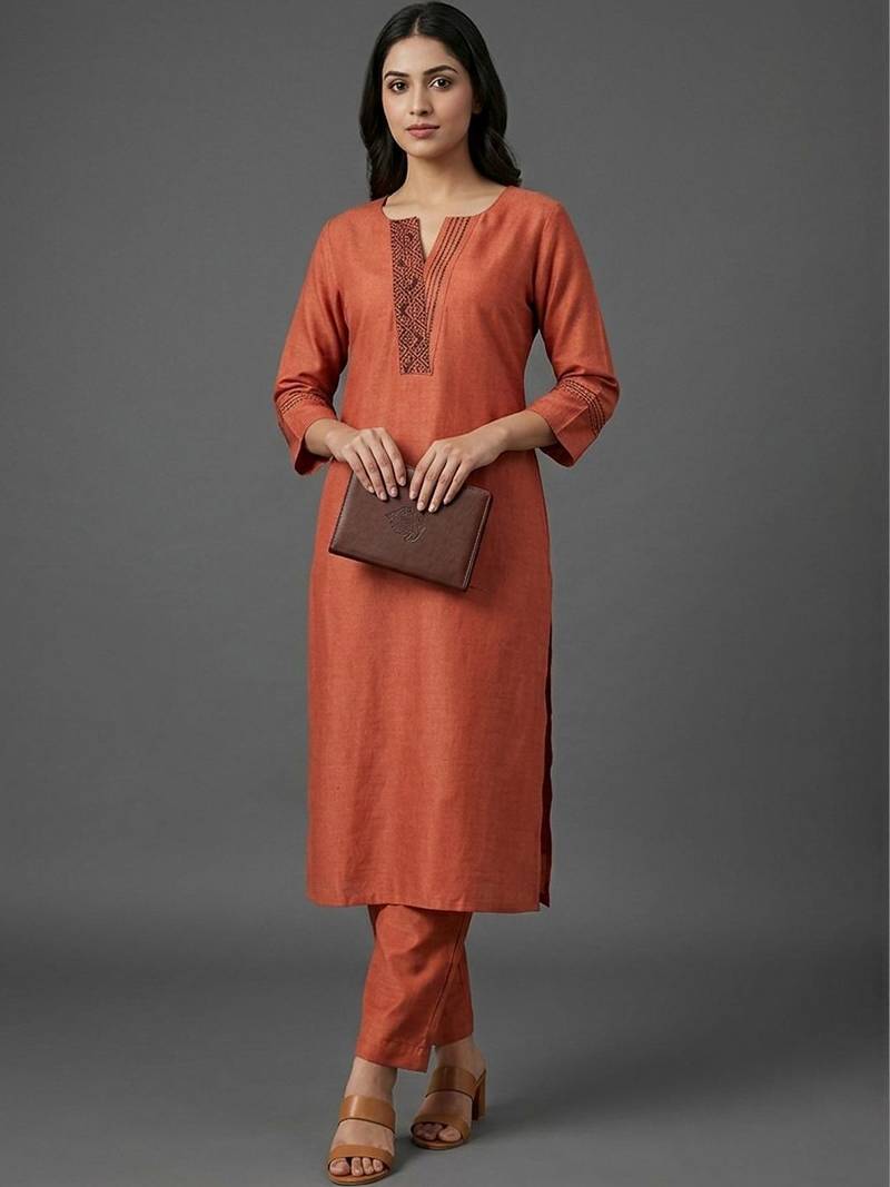 structured women ethnic motifs embroidered regular thread work kurta with trousers