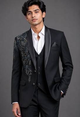 Black embroidered shawl lapel tuxedo set 2